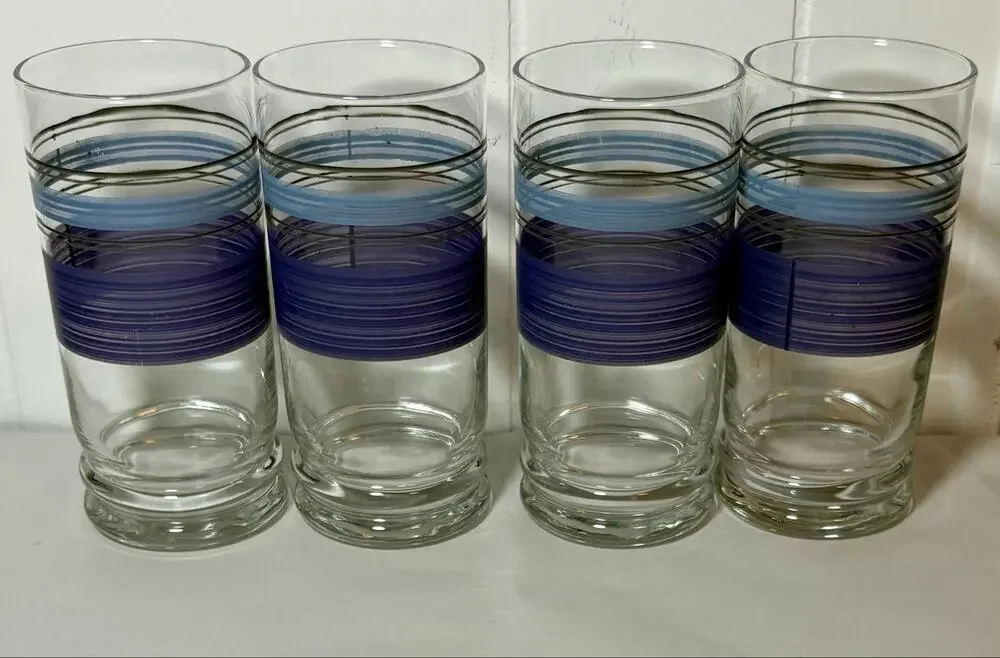 Vintage - Libbey Pfaltzgraff- Blue/Purple Banded Tumbler Glasses - Set of 4